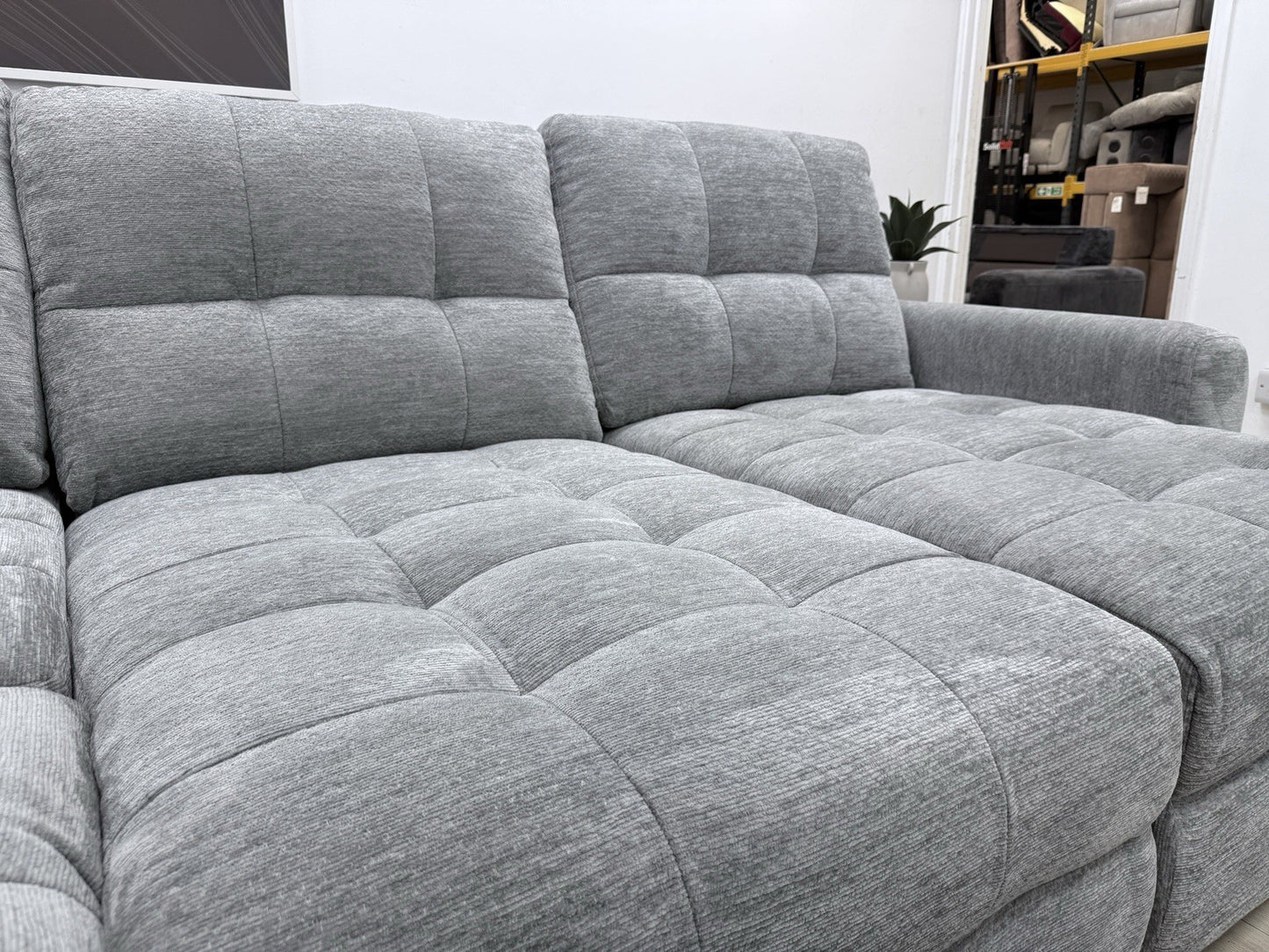 DFS Steller Power Recliner Slider Corner Sofa In Mist Grey Fabric