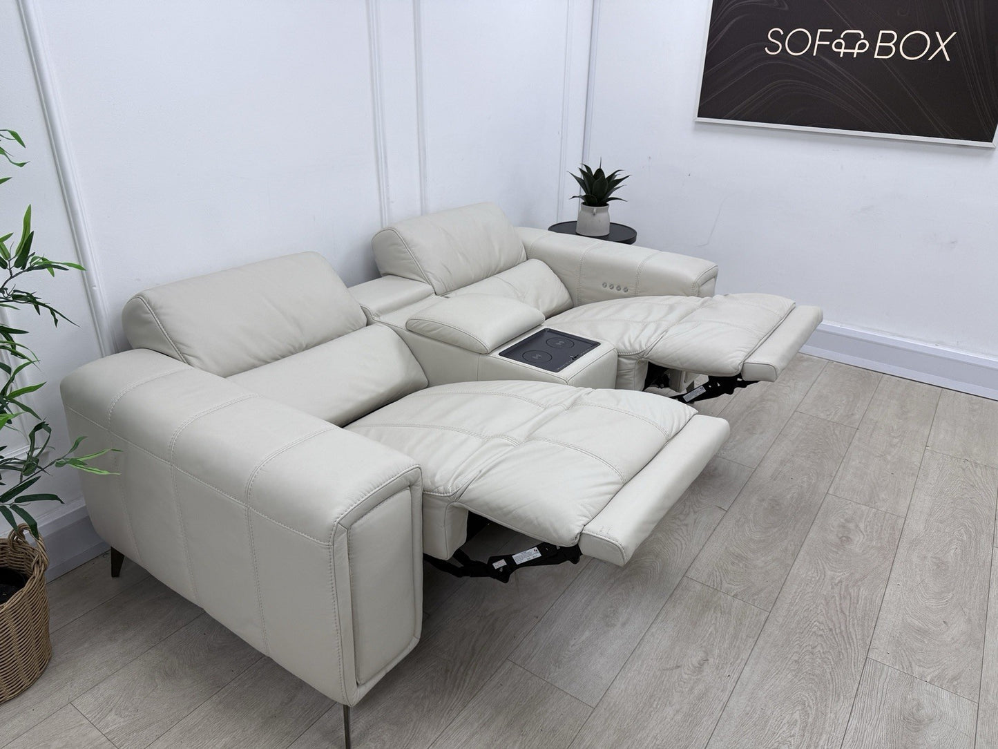 DFS Showcase 2 Seater Cinema Power Recliner Sofa With Console In Frost Leather