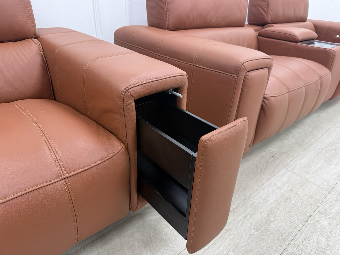 DFS Showcase 3 Seater Sofa With Smart Console & Armchair In Cinnamon Leather