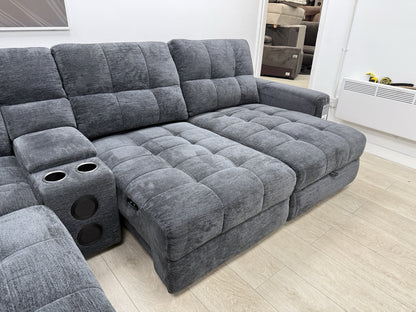 DFS Steller Power Recliner Corner Sofa W/ Speaker Storage In Nuova Black Fabric