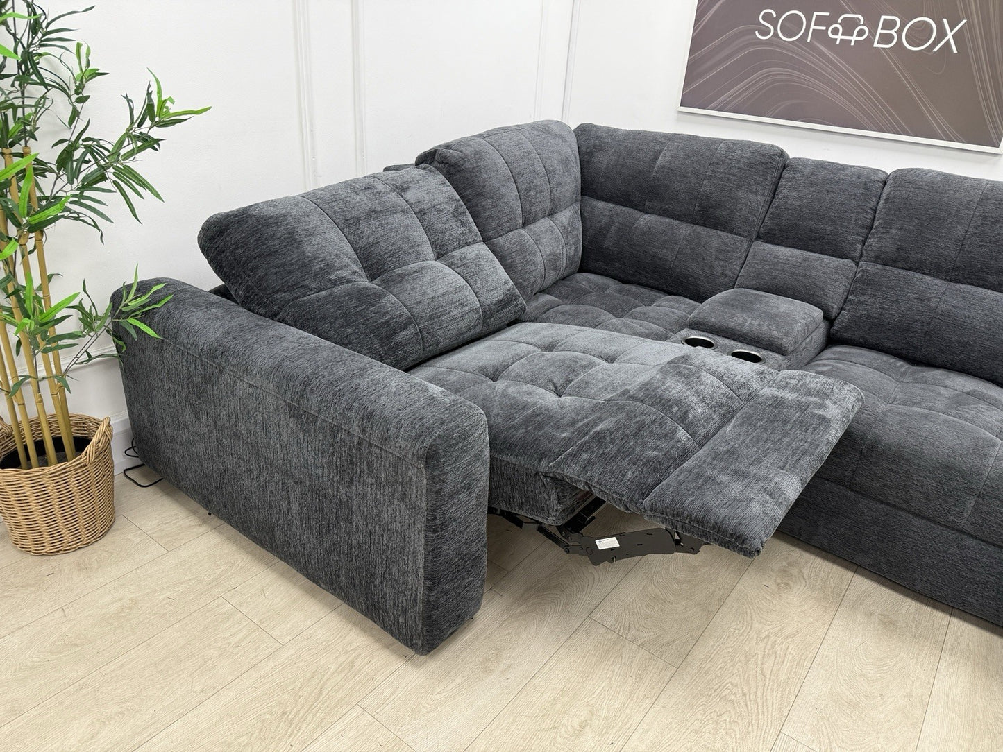 DFS Steller Power Recliner Corner Sofa W/ Speaker Storage In Nuova Black Fabric