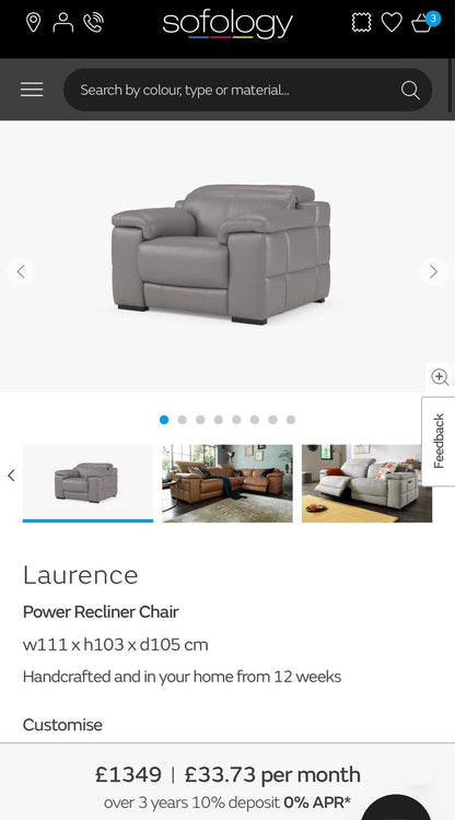 Sofology Laurence Power Recliner Chair In Fossil Grey Leather