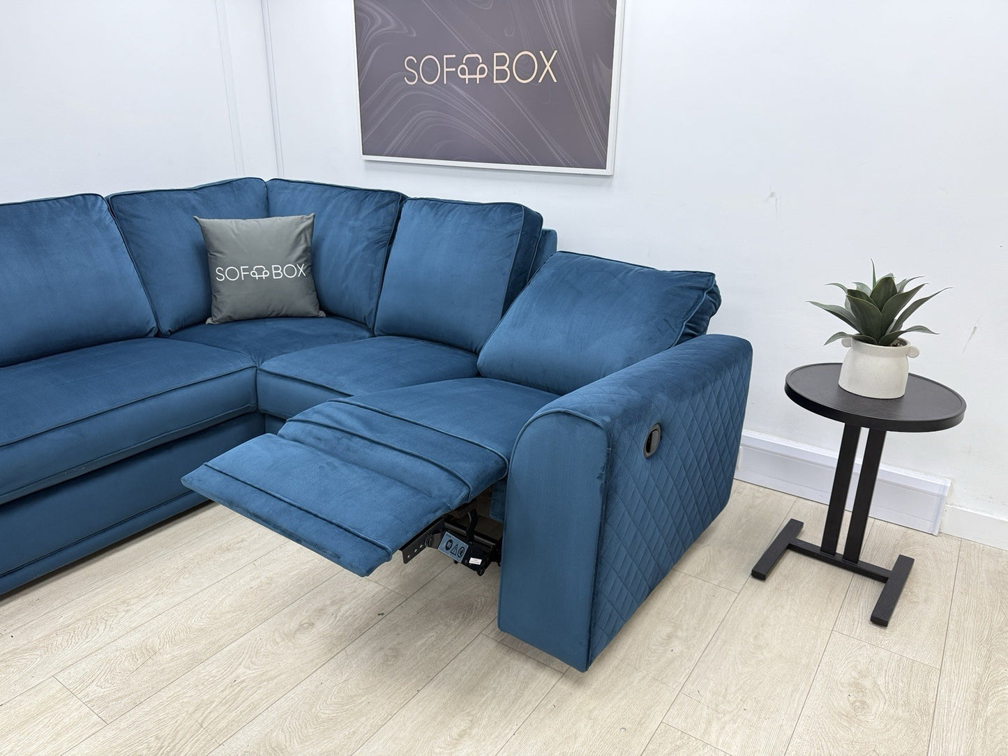 DFS Orka Corner Recliner Sofa In Blue Velvet Fabric