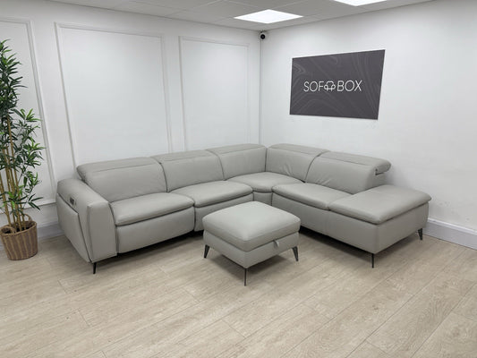 DFS Venosa Power Recliner/Headrest/Heated Corner Sofa & Footstool In Grey Mist