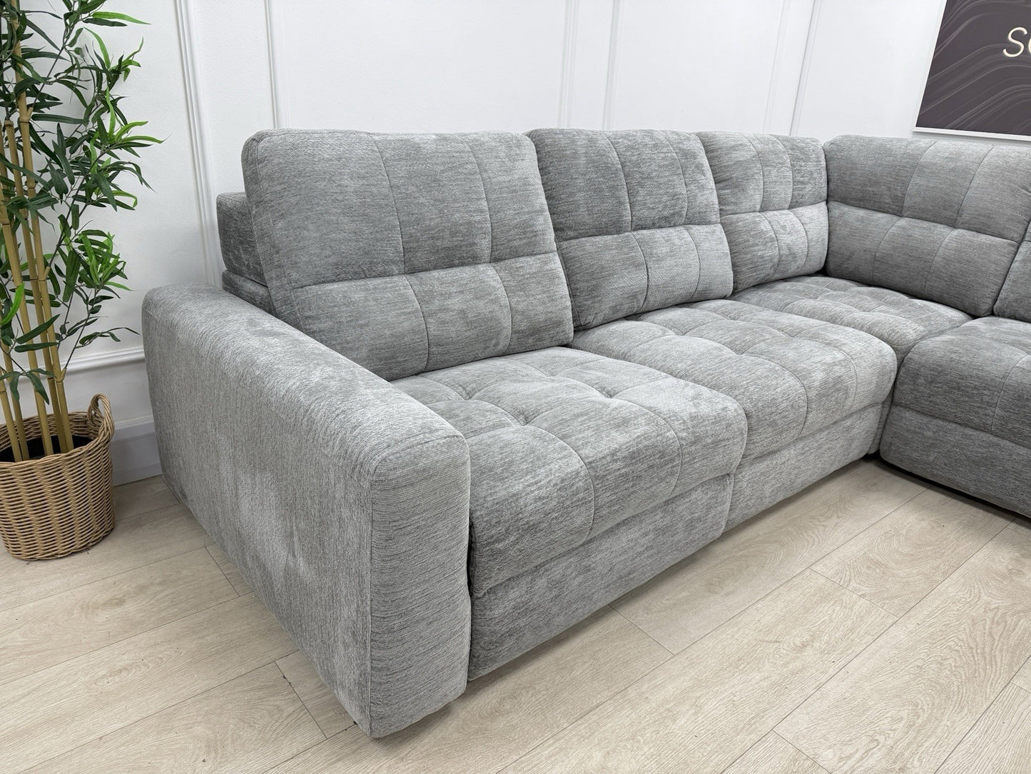 DFS Steller Power Recliner Slider Corner Sofa In Mist Grey Fabric