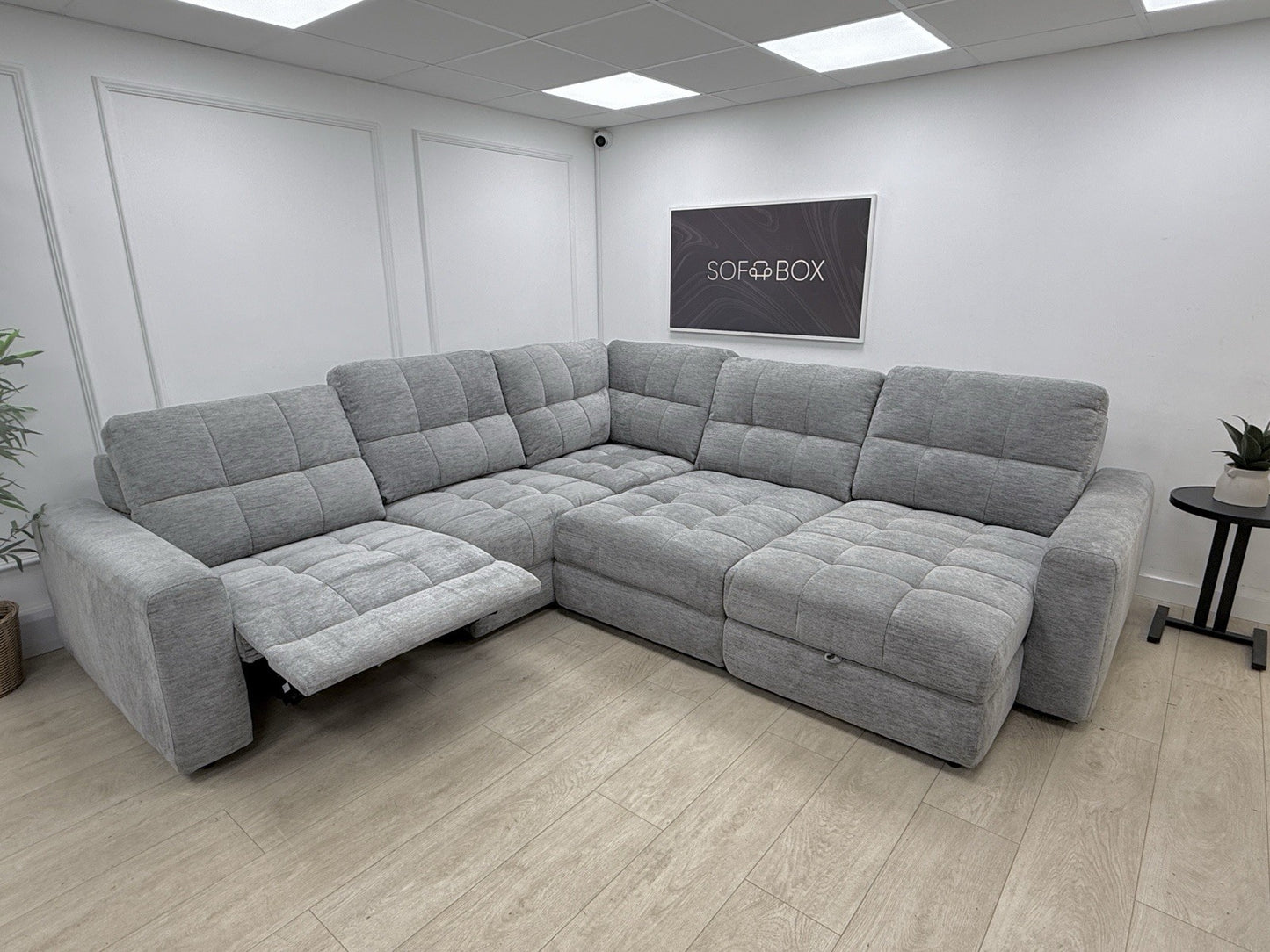 DFS Steller Power Recliner Slider Corner Sofa In Mist Grey Fabric
