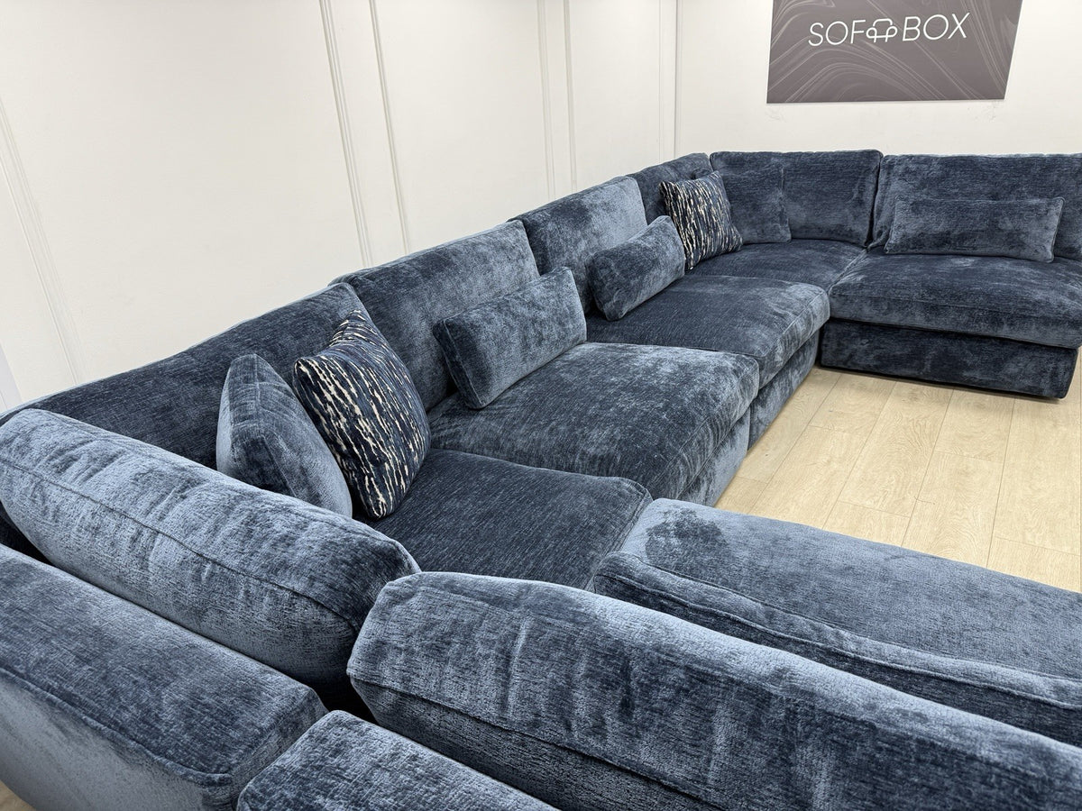 Sofology Bellagio Large U Shape Sofa In Luxury Deep Pile Chenille Denim Fabric