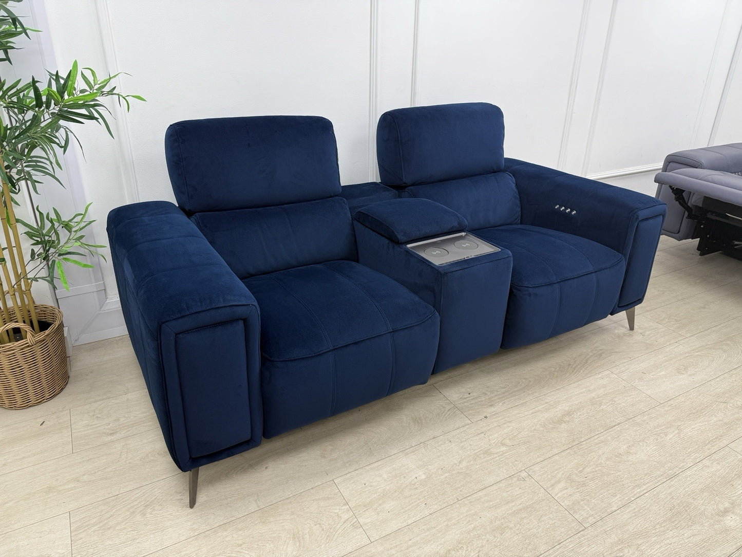 DFS Showcase 2 Seater Power Recliner Cinema Sofa In Blue Velvet Fabric