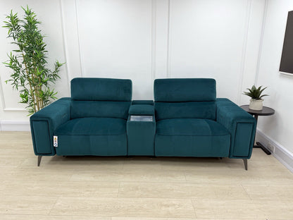 DFS Showcase Power Recliner 3 Seater Cinema Sofa In Teal Velvet Fabric