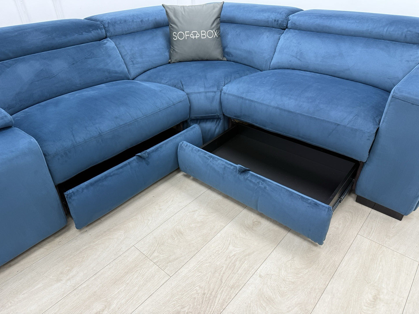 DFS Wander Power Recliner Corner Sofa In Blue Velvet