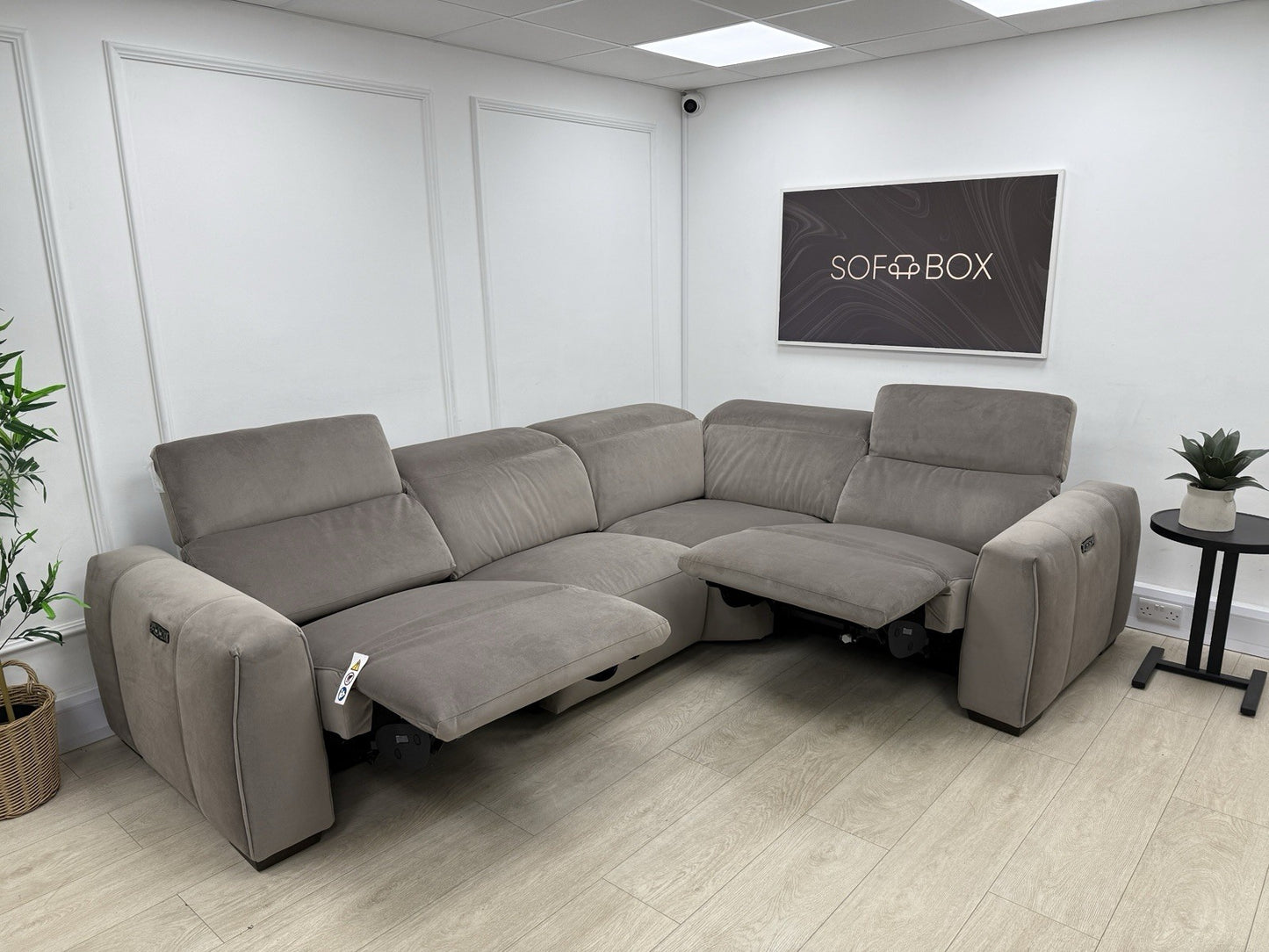 DFS Lauder Power Recliner Corner Sofa In Taupe Velvet Fabric