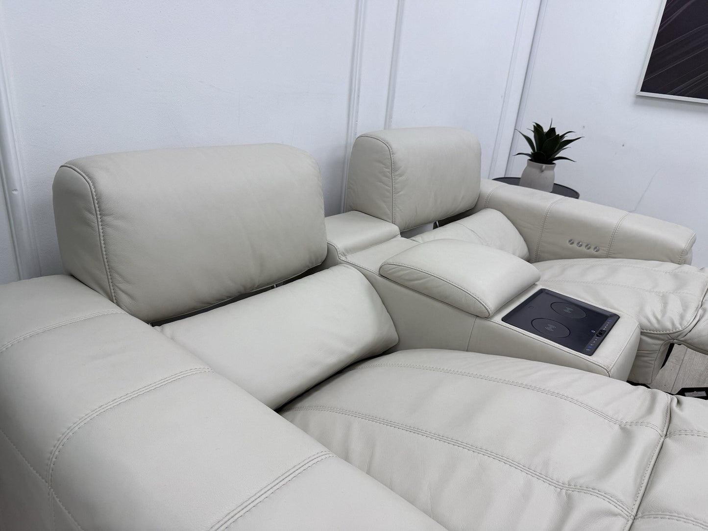 DFS Showcase 2 Seater Cinema Power Recliner Sofa With Console In Frost Leather