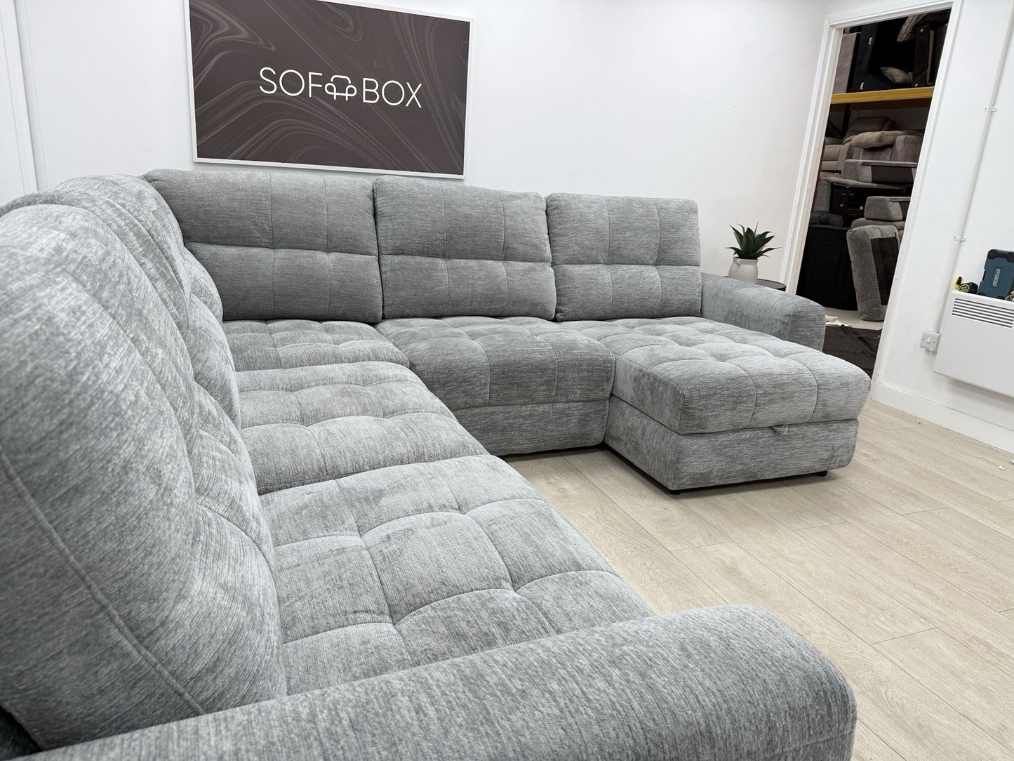 DFS Steller Power Recliner Slider Corner Sofa In Mist Grey Fabric