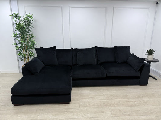 DFS Plush L Shape Chaise Corner Sofa In Black Velvet