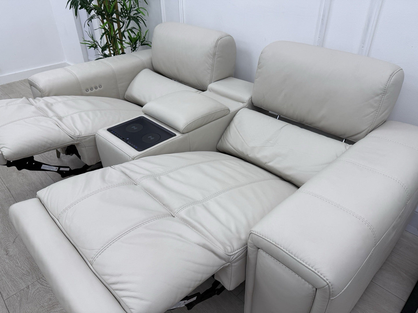 DFS Showcase 2 Seater Cinema Power Recliner Sofa With Console In Frost Leather