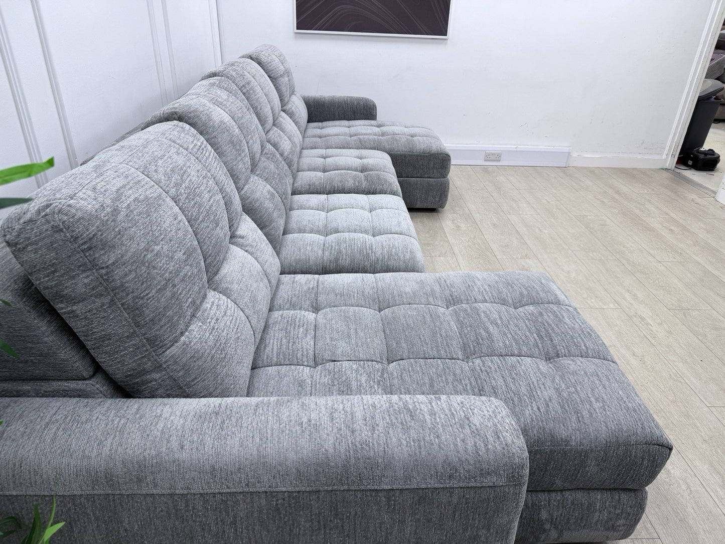 DFS Steller Power Slider U Shape Sofa In Grey Mist Fabric