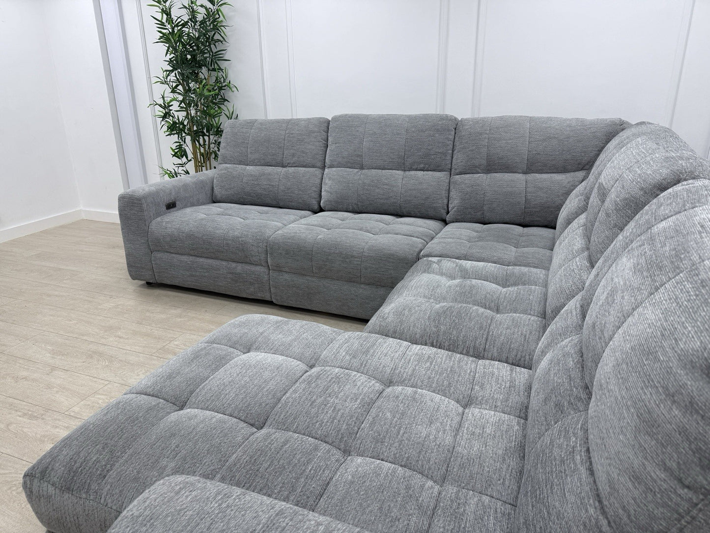 DFS Steller Power Recliner Slider Corner Sofa In Mist Grey Fabric