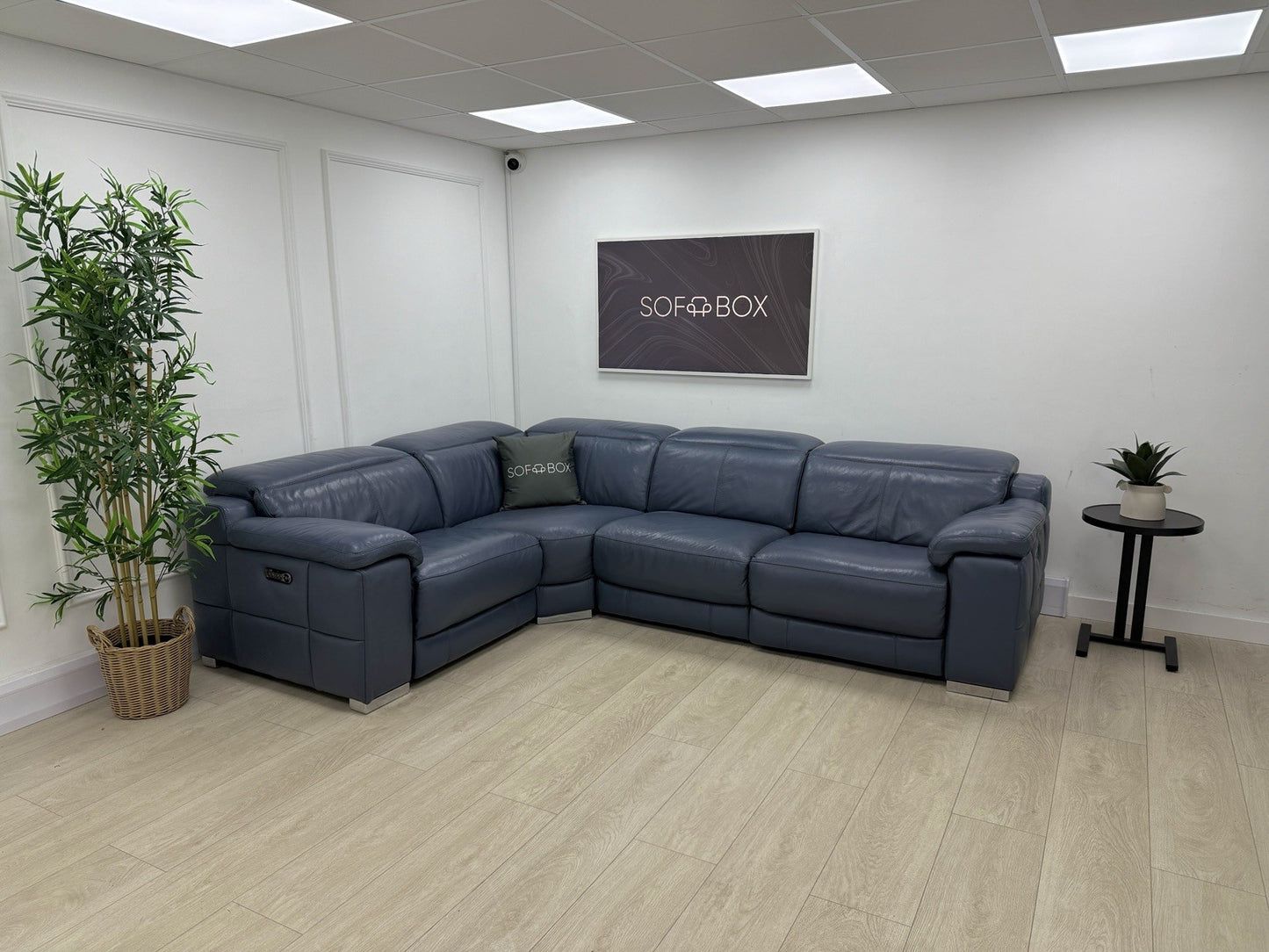 Sofology Laurence Power Recliner Corner Sofa In Smoke Blue Leather