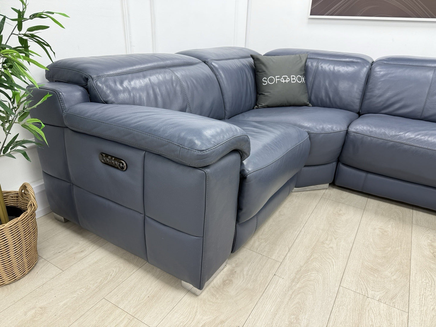 Sofology Laurence Power Recliner Corner Sofa In Smoke Blue Leather