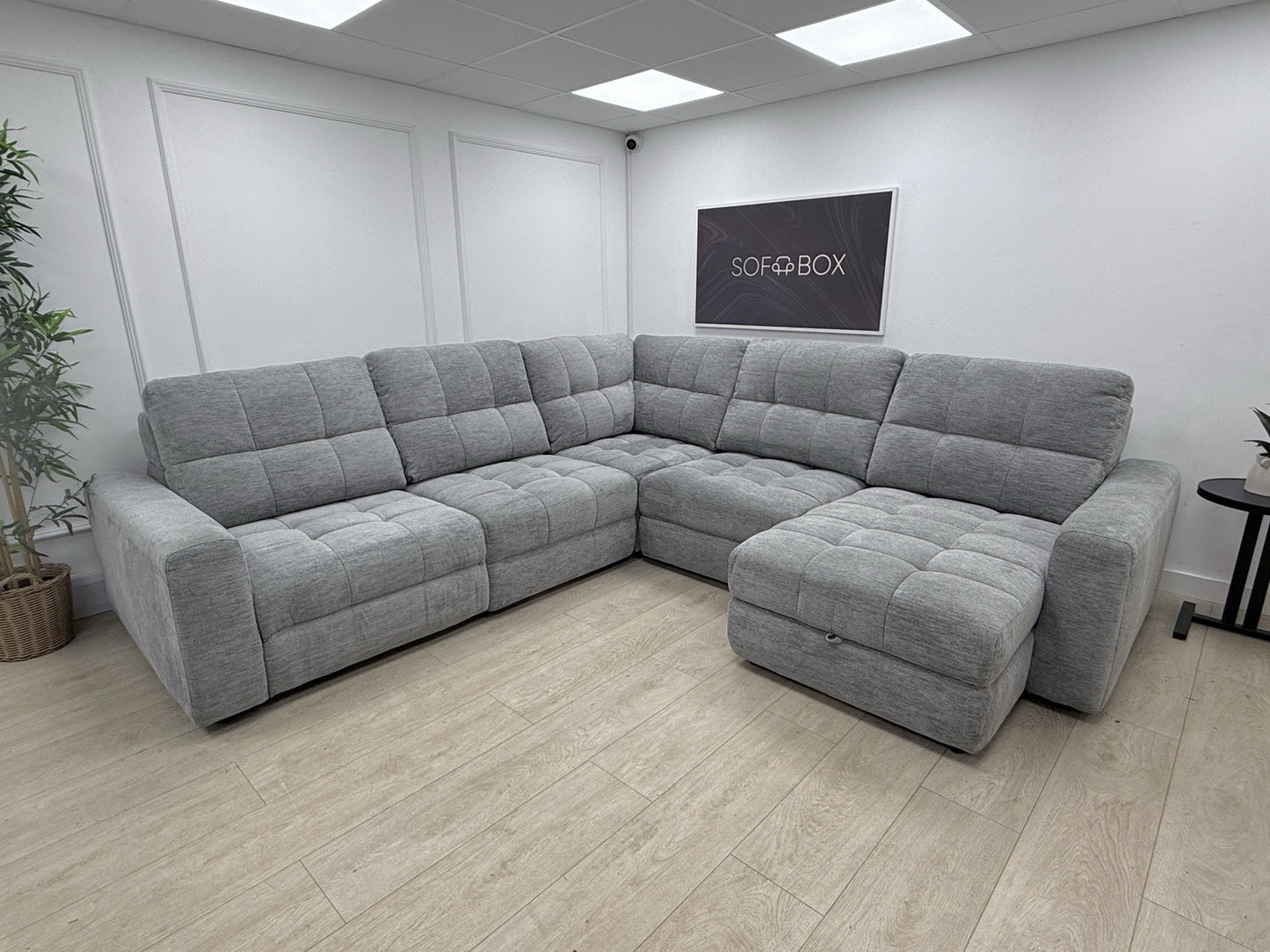 DFS Steller Power Recliner Slider Corner Sofa In Mist Grey Fabric