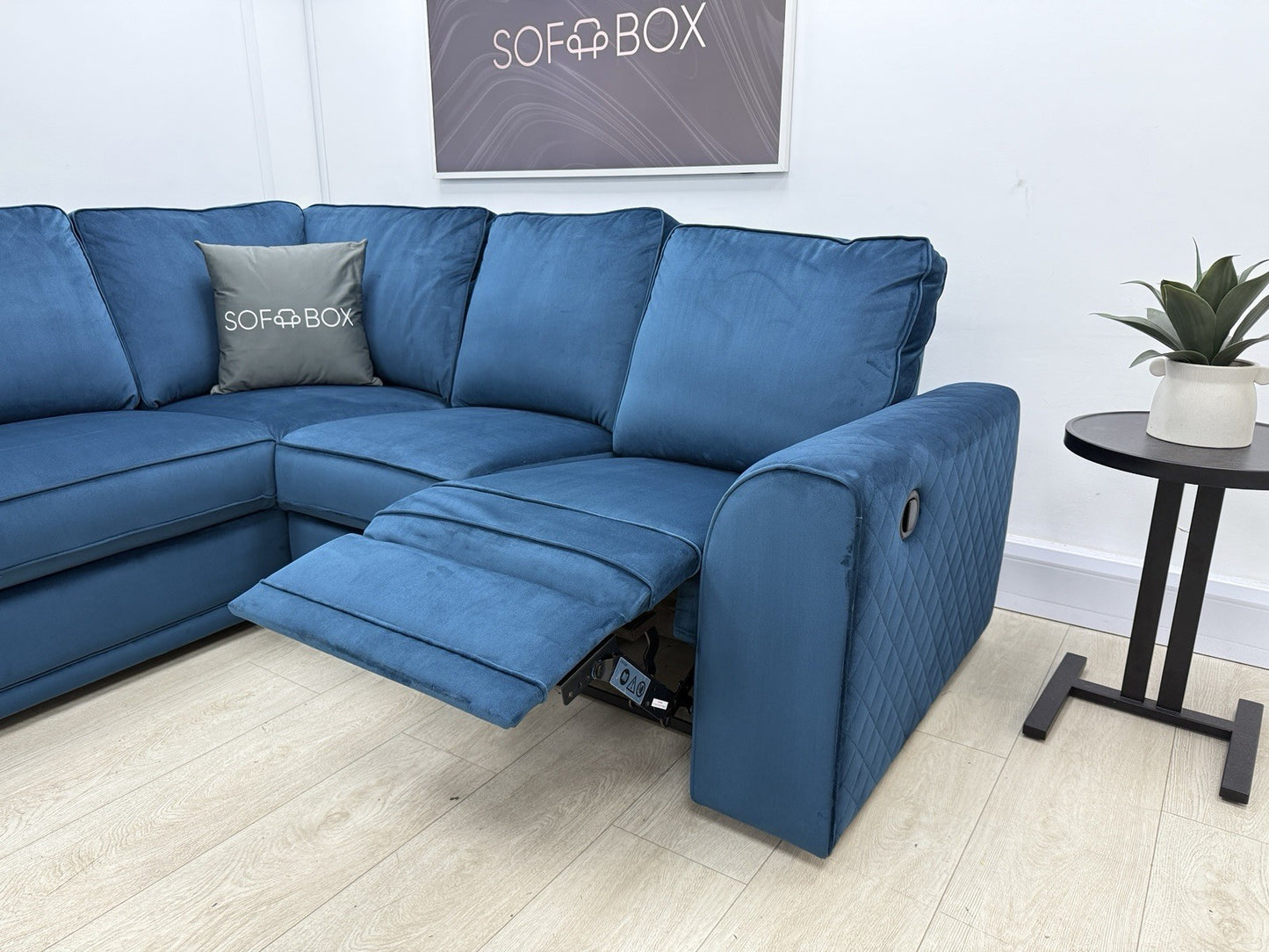 DFS Orka Corner Recliner Sofa In Blue Velvet Fabric