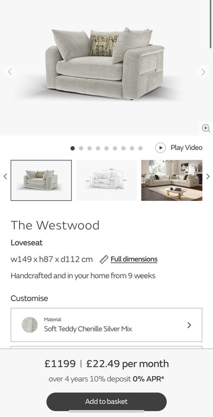 Sofology The Westwood 4 Seater Sofa, Loveseat & Footstool In Silver Chenille