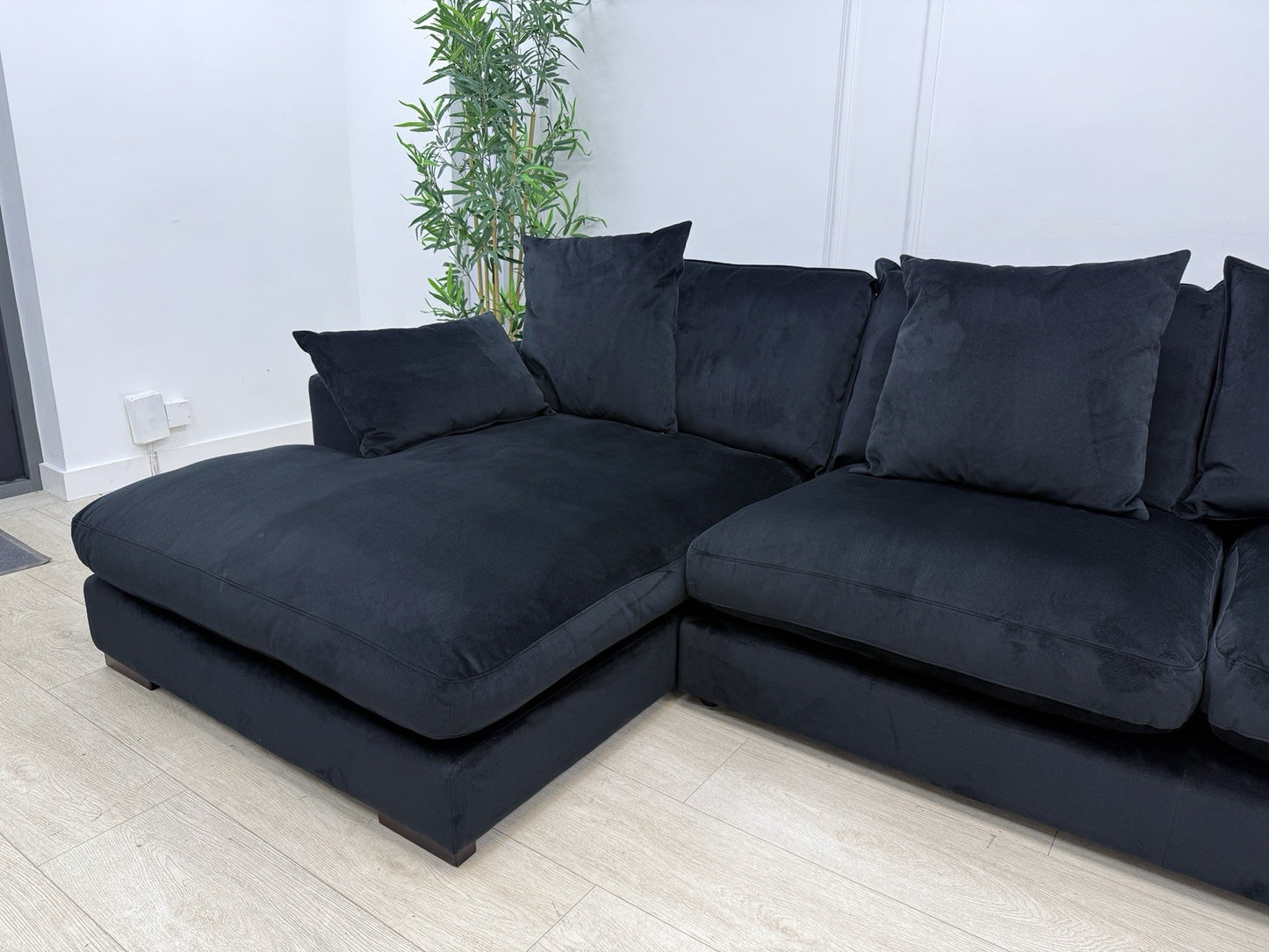 DFS Plush L Shape Chaise Corner Sofa In Black Velvet