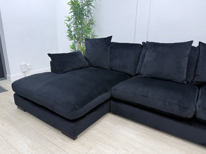 DFS Plush L Shape Chaise Corner Sofa In Black Velvet