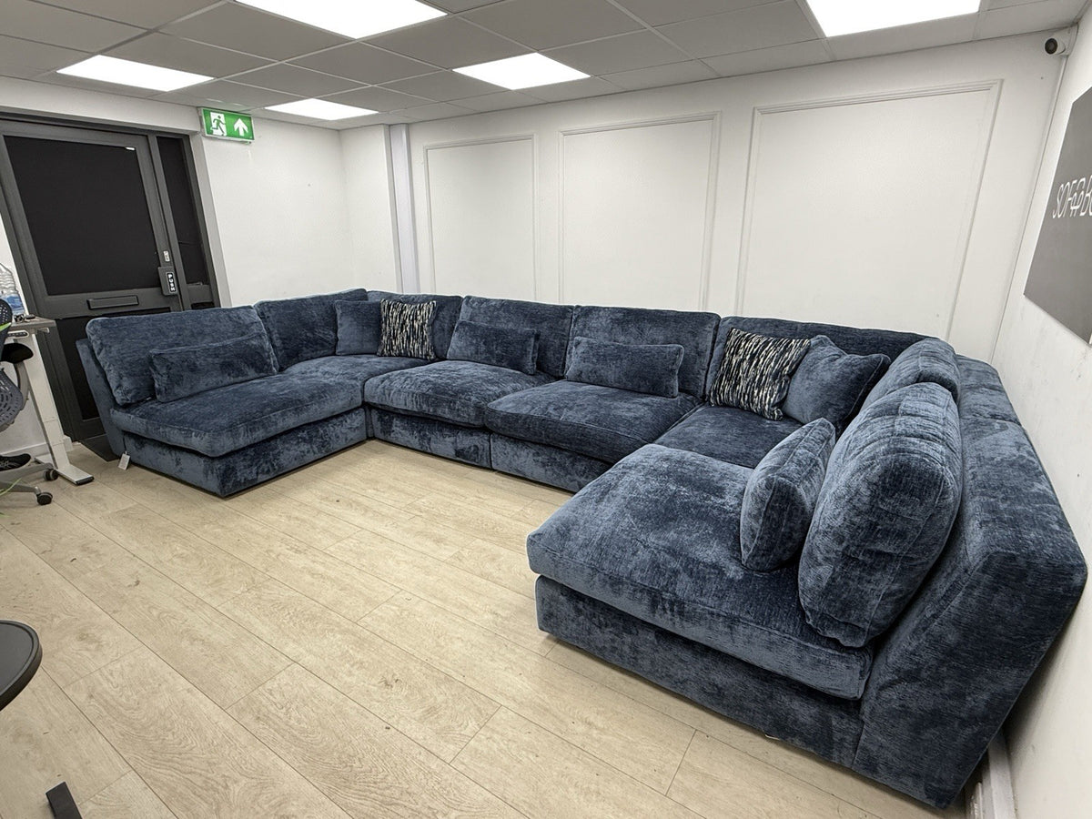 Sofology Bellagio Large U Shape Sofa In Luxury Deep Pile Chenille Denim Fabric