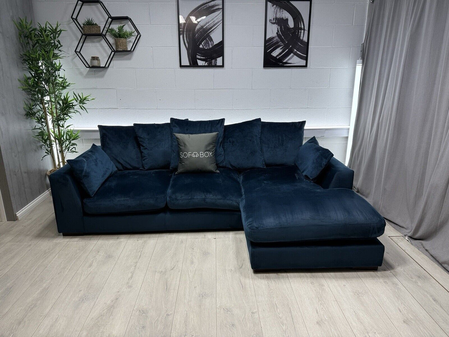 DFS Plush Velvet Small Chaise Sofa In Blue