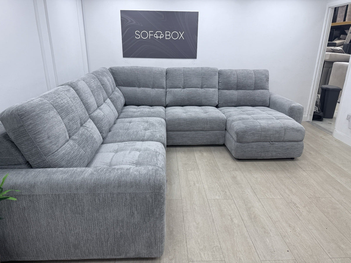 DFS Steller Power Recliner Slider Corner Sofa In Mist Grey Fabric