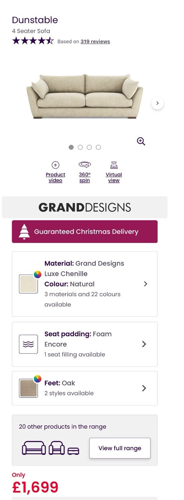 DFS Dunstable Grand Designs 4 Seater Sofa In Natural Luxe Chenille