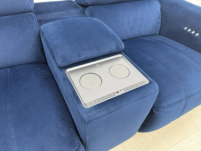 DFS Showcase 2 Seater Power Recliner Cinema Sofa In Blue Velvet Fabric