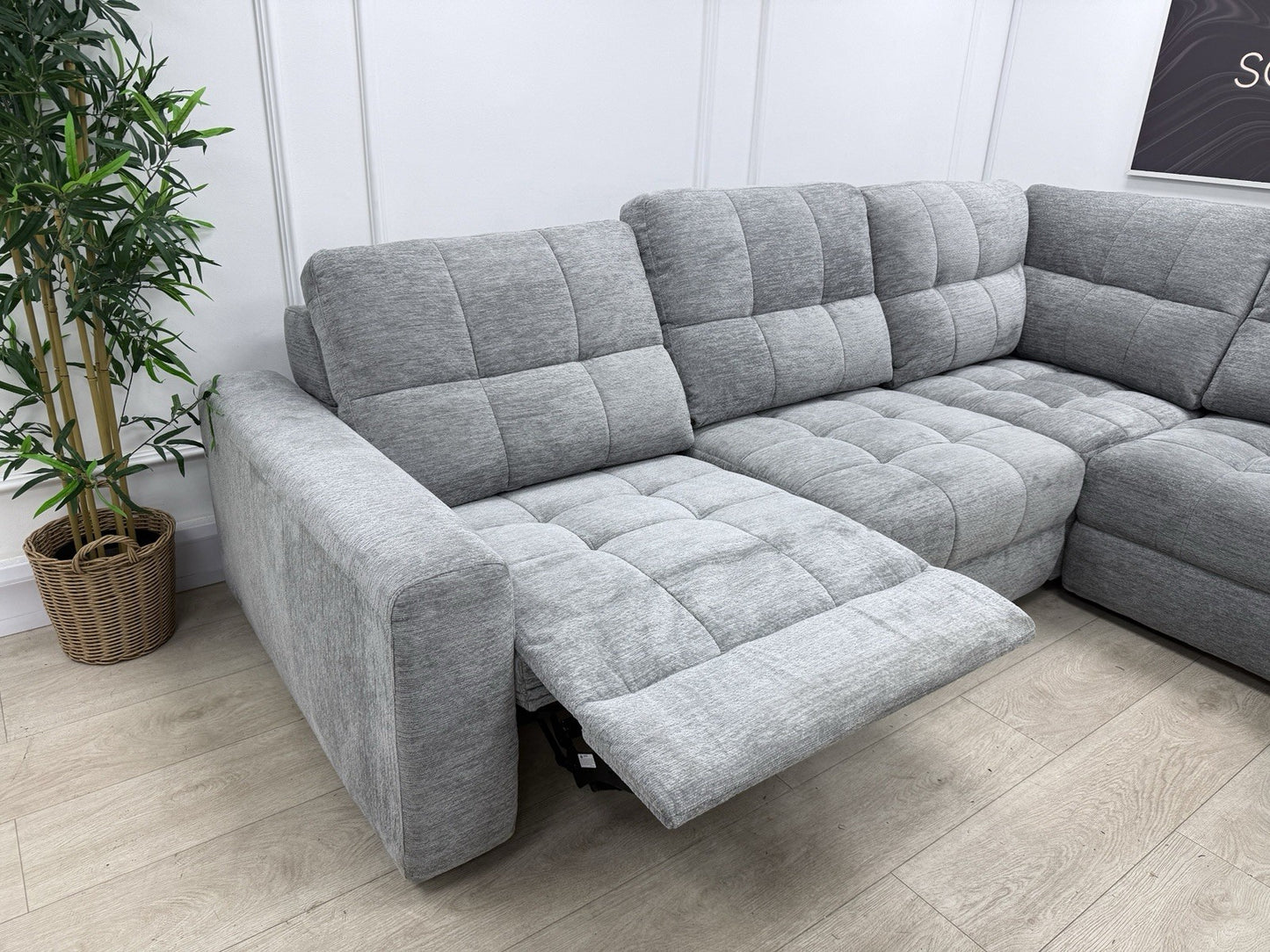 DFS Steller Power Recliner Slider Corner Sofa In Mist Grey Fabric