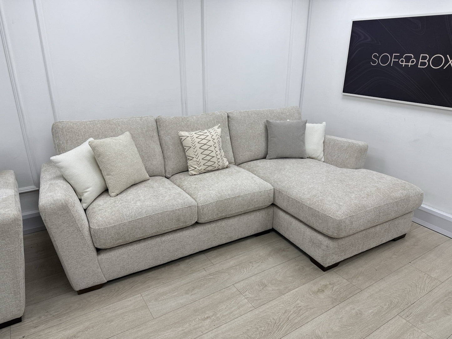 Next L Shape Sofa & Cuddle Chair Set In Chunky Cross Weave Oatmeal Fabric