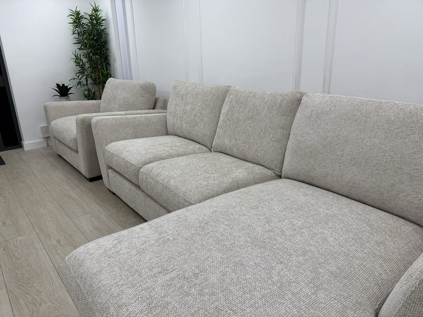 Next L Shape Sofa & Cuddle Chair Set In Chunky Cross Weave Oatmeal Fabric