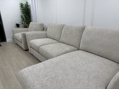 Next L Shape Sofa & Cuddle Chair Set In Chunky Cross Weave Oatmeal Fabric