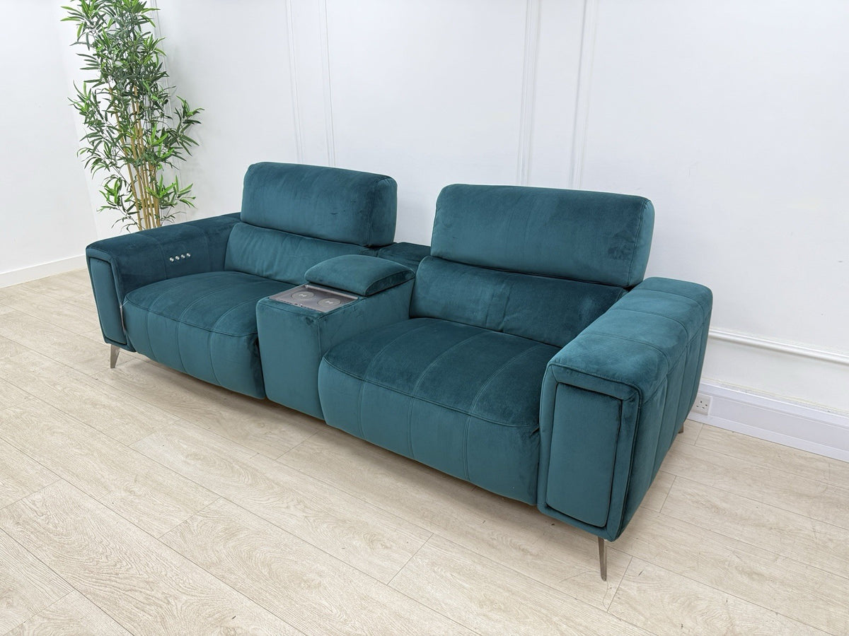 DFS Showcase 3 Seater Power Recliner Cinema Sofa In Teal Velvet Fabric