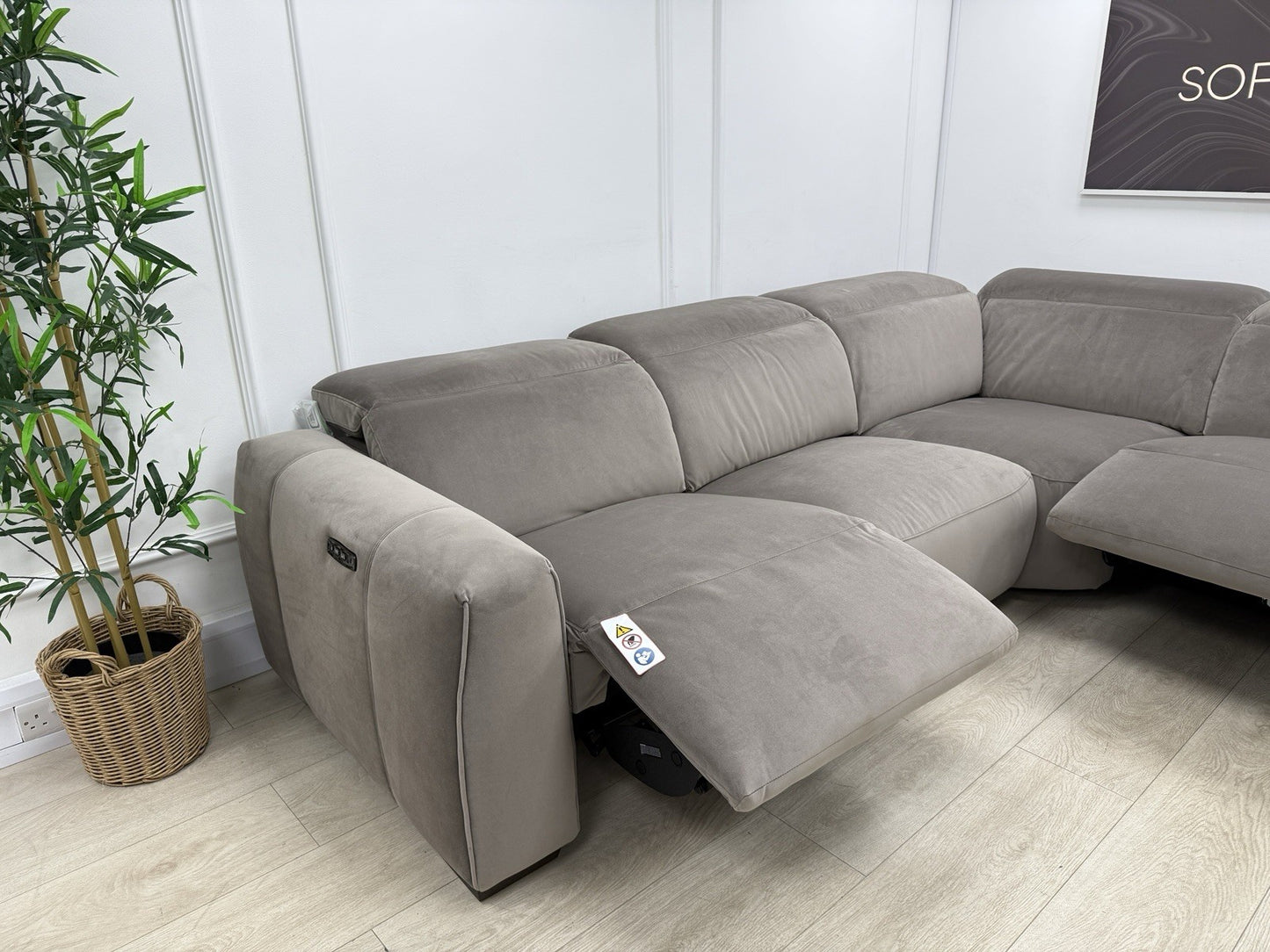 DFS Lauder Power Recliner Corner Sofa In Taupe Velvet Fabric