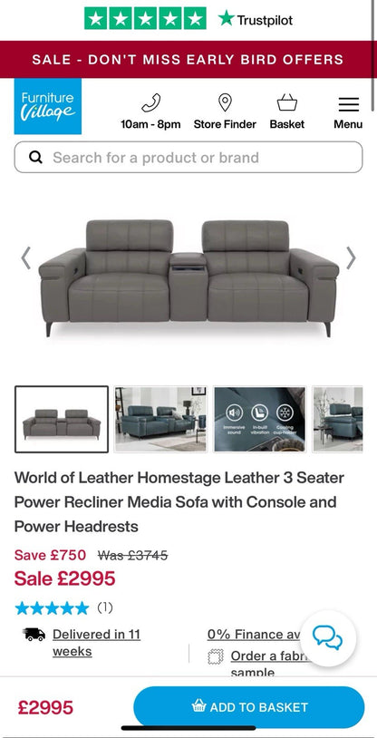 Furniture Village Homestage 3 Seater Power Recliner Media Sofa In Grey Leather