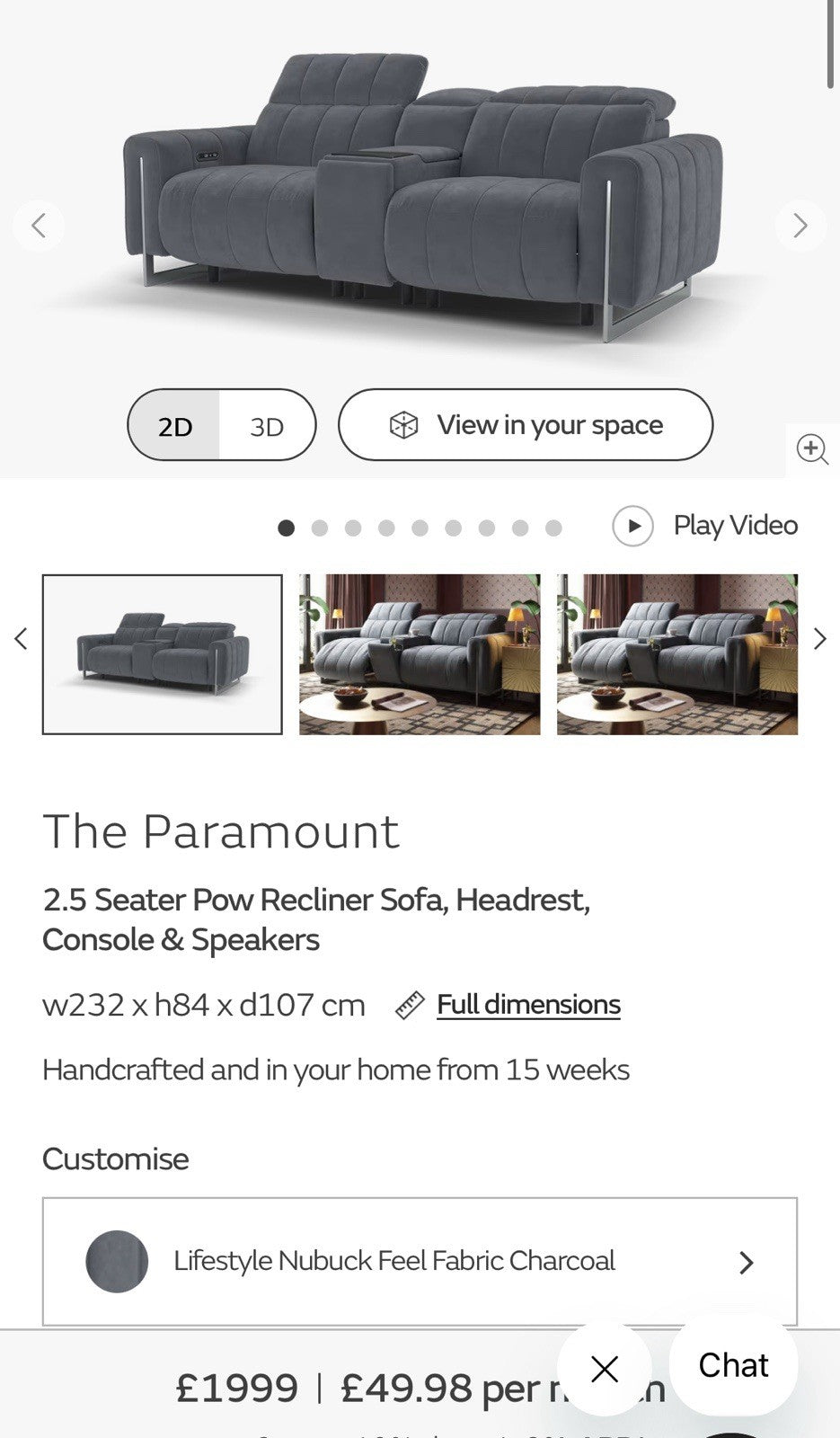 Sofology The Paramount 2.5 Seater Sofa Recliner/Headrest In Nubuck Charcoal
