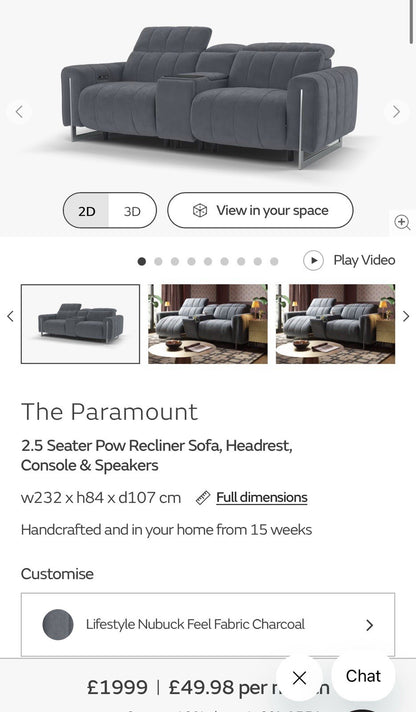Sofology The Paramount 2.5 Seater Sofa Recliner/Headrest In Nubuck Charcoal