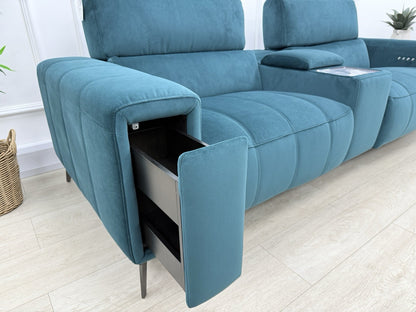 DFS Showcase Power Recliner 3 Seater Cinema Sofa In Teal Velvet Fabric