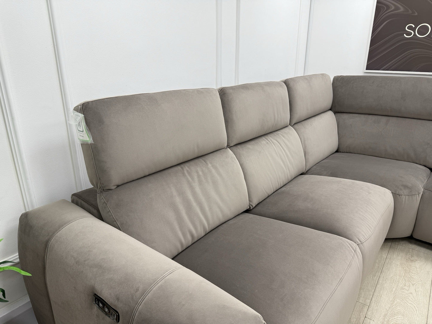 DFS Lauder Power Recliner Corner Sofa In Taupe Velvet Fabric