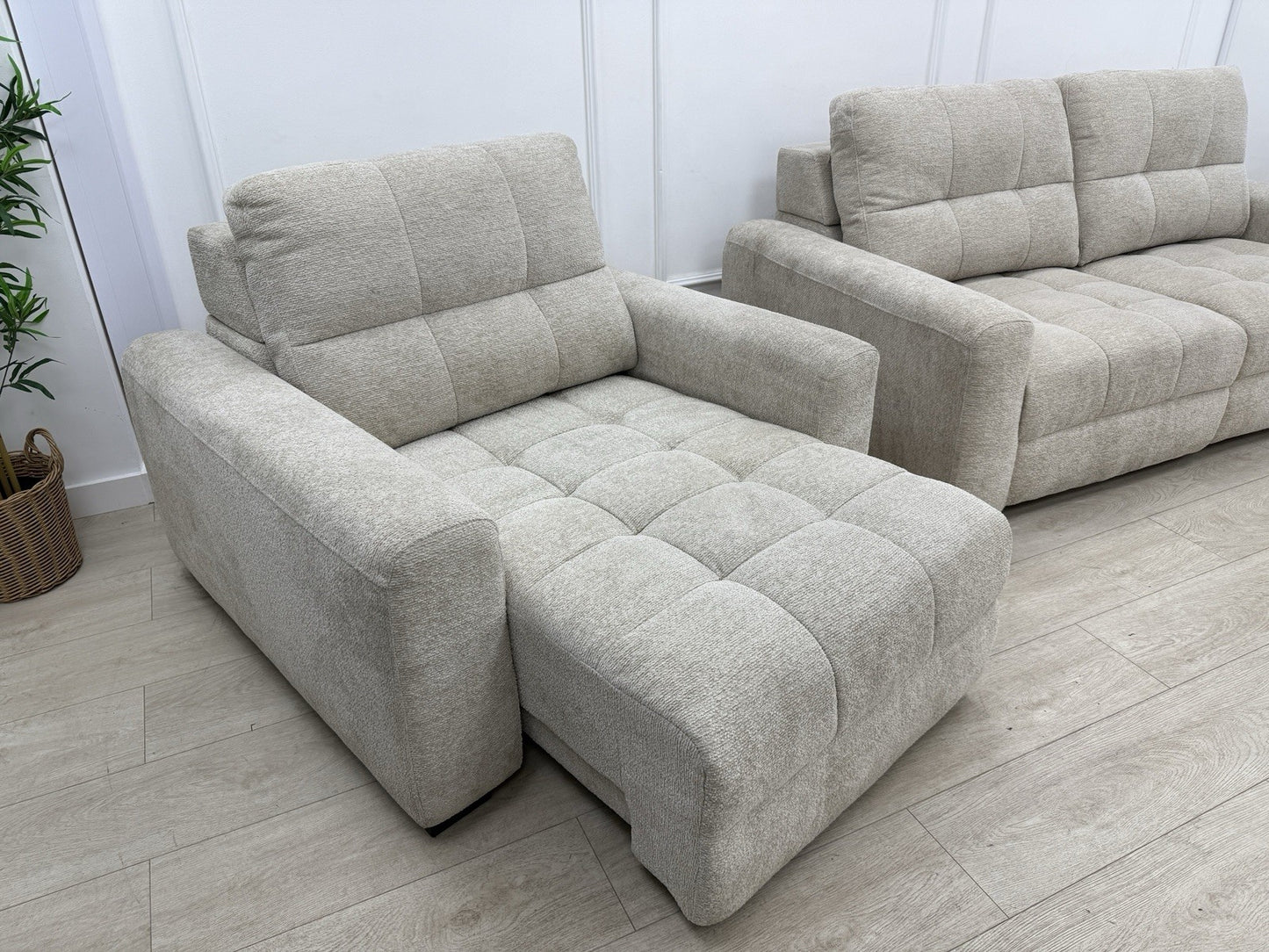 DFS Una Power Slider 3 Seater Sofa & Chair Set In Roma Oyster Fabric