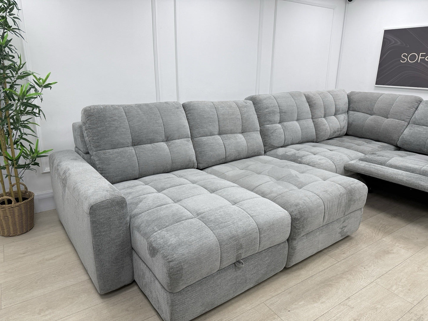 DFS Steller Power Recliner Slider Corner Sofa In Mist Grey Fabric