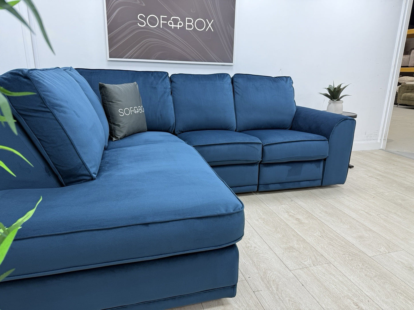 DFS Orka Corner Recliner Sofa In Blue Velvet Fabric