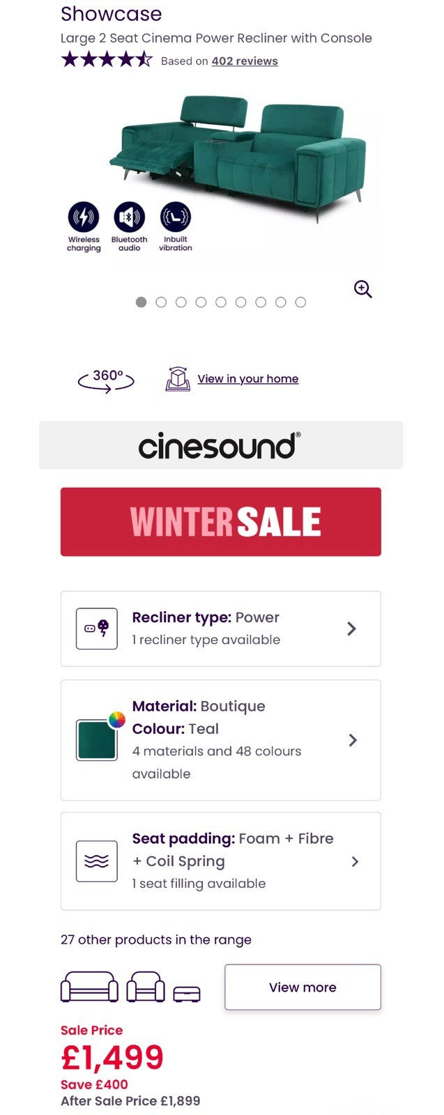 DFS Showcase Power Recliner 3 Seater Cinema Sofa In Teal Velvet Fabric