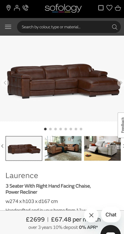 Sofology Laurence 3 Seater Recliner Chaise Sofa In Mahogany Brown Leather