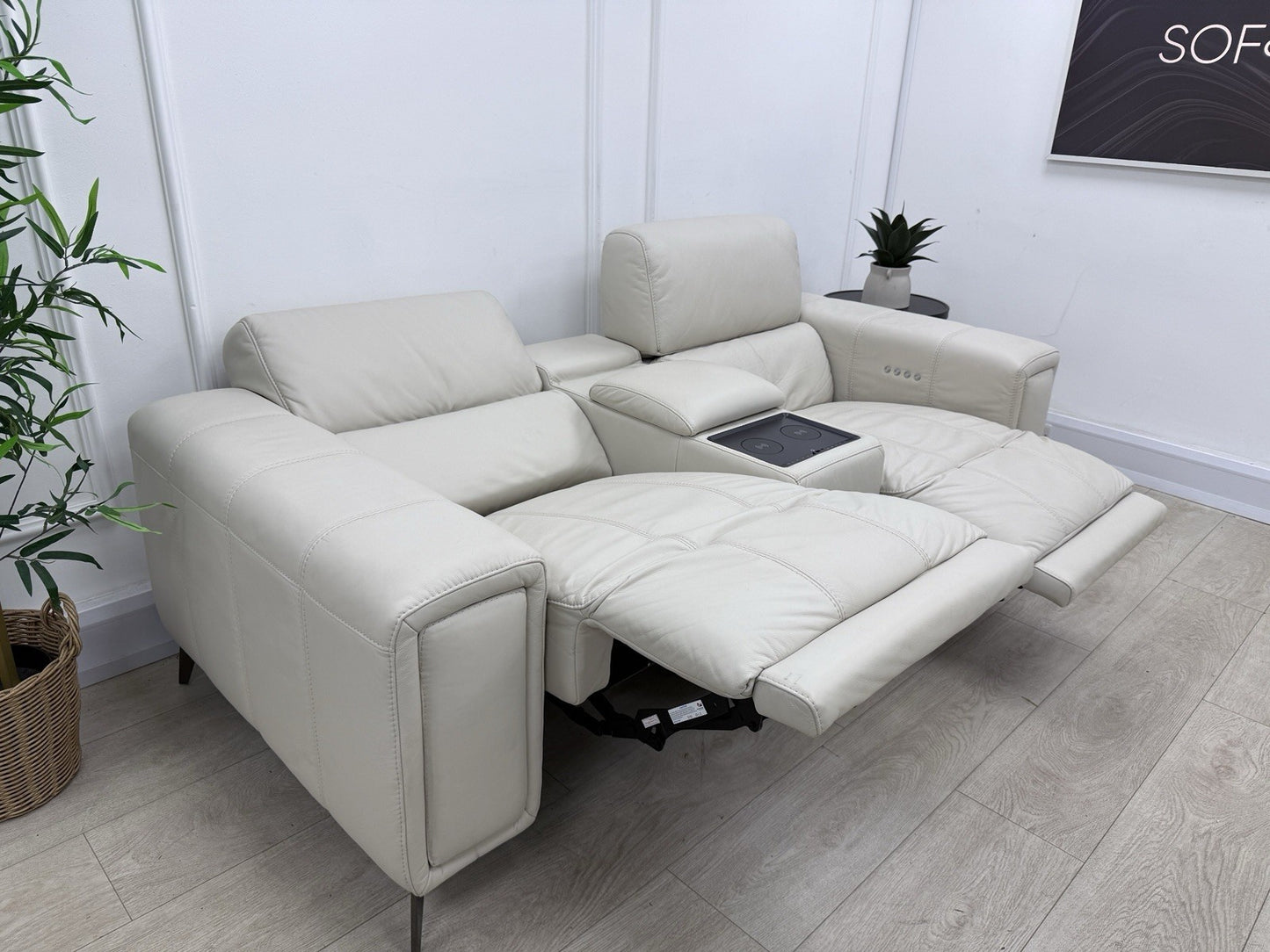 DFS Showcase 2 Seater Cinema Power Recliner Sofa With Console In Frost Leather